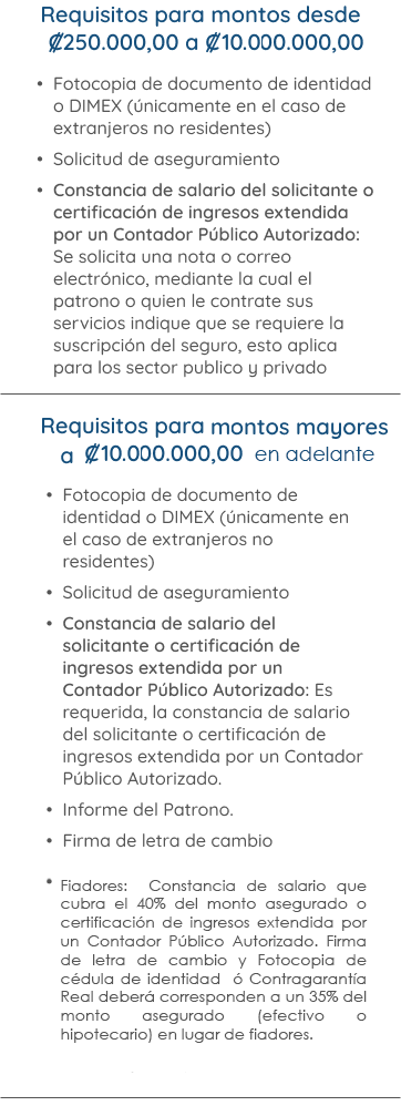 Tabla de requisitos para adquirir este seguro